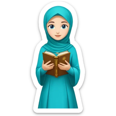 Turkish beautiful finish Konya girl blue eyes with gold hijab and islamic long tailed turquoise dress on the ground at her home garden and had on her hand text Eid Mubarak  sticker
