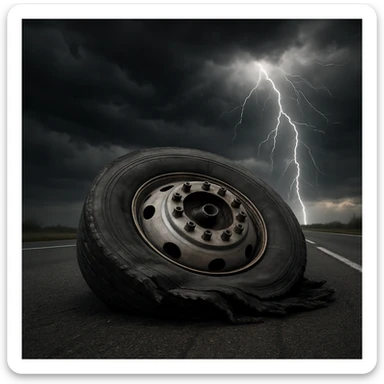 a semi truck tire, flat and damaged, on a highway with a stormy sky and lightning striking, realistic style sticker