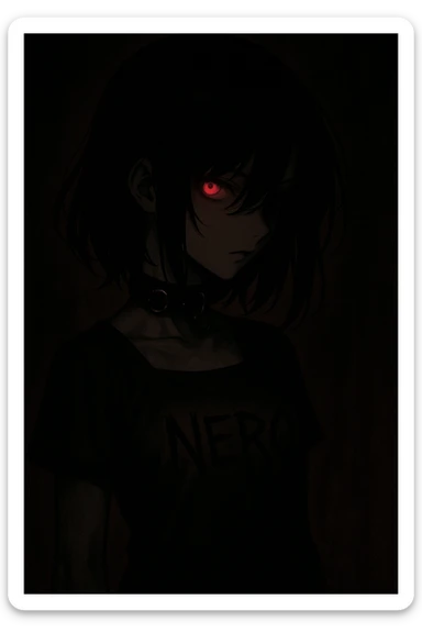 A mysterious anime girl in deep shadows, jet-black hair partially covering her face, turning to her right. Her left eye glows crimson, exuding danger and allure. She wears a dark leather choker with metal rings, and her dress is marked with 'NERO' in sharp black letters. sticker