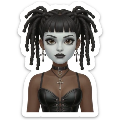 goth black girl with black corset, with brown skin, cross earrings, ankh necklace with black dreadlocks with dreads bangs, whole white face paint sticker