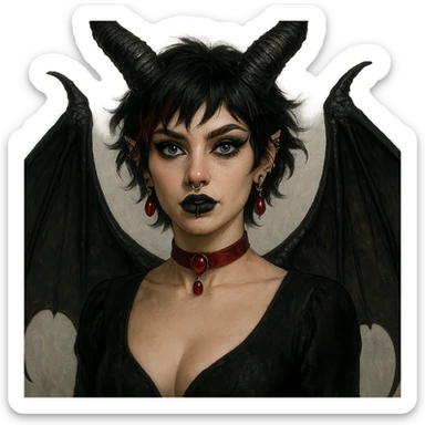 fantasy portrait of Lilith: light skin, short shaggy black hair with red streaks, Maleficent horns, black bat wings, black low-cut dress, red drop earrings and choker, blue eyes with dramatic eyeliner, black lipstick, multiple silver piercings on nose, septum, lip, and ears sticker