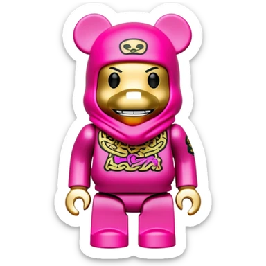 bearbrick toy figure wearing a bright pink balaclava with big pouty lips and gold grillz teeth visible, decorated with luxury brand logos and graffiti style patterns on its body sticker