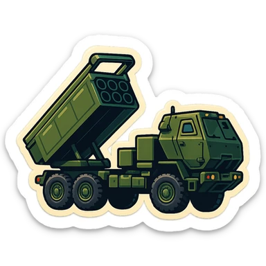 Create an emoji of HIMARS based on the provided photo. Style: emoji, side view, six rocket tubes, cabin, raised launcher, military green color, no background, slightly more cartoonish style. sticker