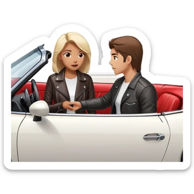 woman standing outside sports car talking to man inside sports car with window down sticker