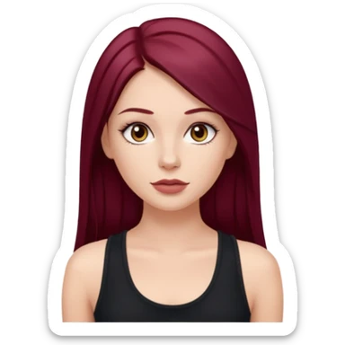white girl, long straight middle part burgundy hair, brown eyes, long eyelashes, full lips, black tank top sticker