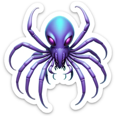 Clash of Clans aesthetic: Cinematic fierce arachnid Alien Emoji, rendered in a 3D vector-style similar to standard emojis with minimal shading and bold, simplified shapes. A compact, isometric, otherworldly creature with insectoid, organic details and subtle, eerie tentacles, softly glowing with a sinister alien charm. Simplified yet unmistakably iconic, highly detailed and consistent, glowing with a soft, spectral radiance and high shine. Stylized with a touch of bio-engineered mischief and a soft glowing outline, capturing the essence of a fearsome extraterrestrial menace with a playful twist! sticker