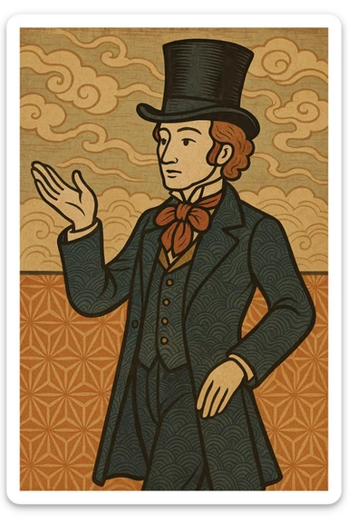 Victorian gentleman with a top hat, arm extended, ukiyo-e style sticker