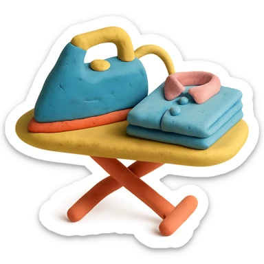iron on ironing board with a neatly folded shirt, playful arrangement, pastel palette, claymation style sticker