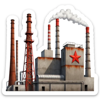 Soviet heavy equipment plant, industrial, smokestacks, red star, utilitarian architecture sticker