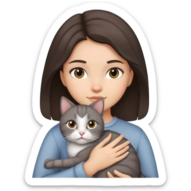 Dark Brown hair girl holding a grey cat sticker