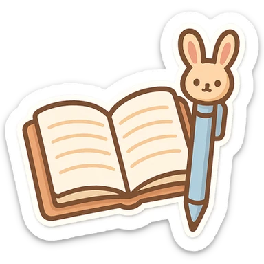 open notebook, simple pen next to it, ears sticking out from the top of the pen, chibi stickers style, cartoonish, transparent background sticker