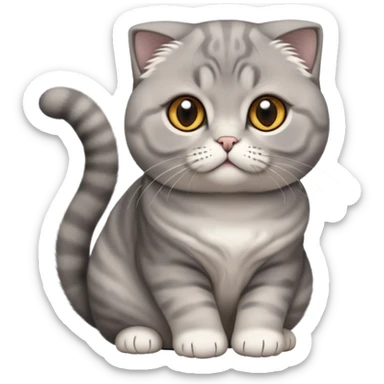  Cinematic-Scottish-Fold-Cat-Realistic-Full-Body-Sitting-Emoji – Tail curled playfully around its paws, head tilted dramatically, soft solid grey fur, signature folded ears adding to its distinctive charm, simplified yet realistic focused features, highly detailed, glowing with an almost sarcastic glow, round amber eyes radiating intelligence and mischief. sticker