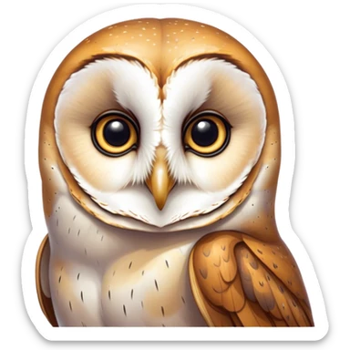 Cinematic Noble Barn Owl Portrait Emoji, Poised and regal, with a slender, graceful build and a striking mottled plumage of whites and browns, deep-set soulful amber eyes, Simplified yet sharp and sophisticated features, highly detailed, glowing with a soft, dignified glow, high shine, intelligent and mysterious, stylized with an air of nocturnal wisdom, focused and attentive, soft glowing outline, capturing the essence of a watchful and confident fowl, so majestic it feels as though it could silently glide out of the screen with effortless authority! sticker