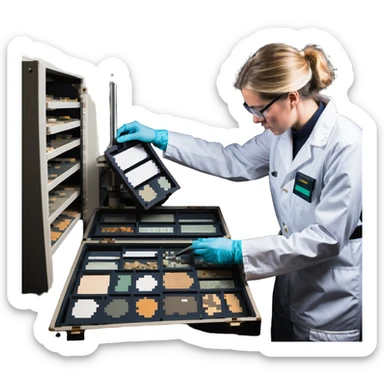 Marine geologist with scientific tools studying ocean floor samples on ship sticker