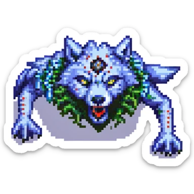 pixel art wolf with 6 eyes and 12 arms in a dynamic action pose sticker