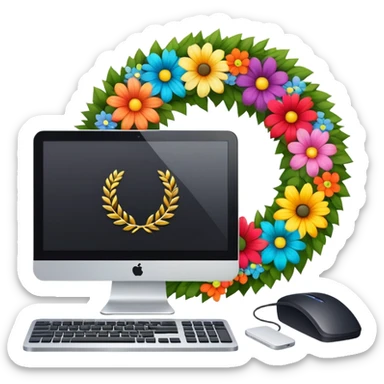 funeral wreath next to a computer sticker
