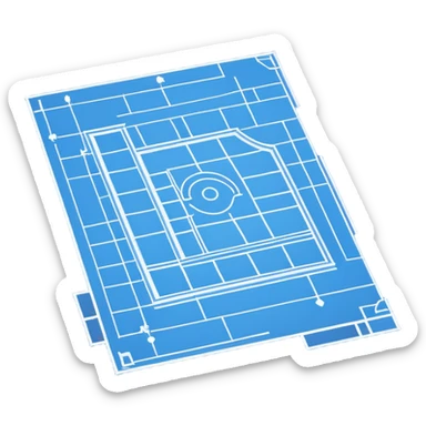 blue blueprint with white architectural lines, a dotted line leading to an X sticker