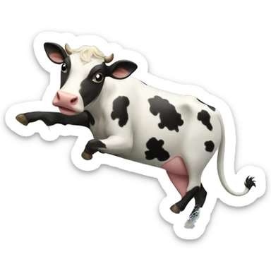 A cow surfing in a very big wave with a dolphin  sticker