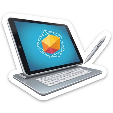 Create an emoji for 3D visualization and modeling. Show wireframe model that pops out from the screen of a large graphic tablet with a stylus drawing in a 3D modeling program. Use modern, professional colors. Do not include any emojis or smiley faces. Make the background transparent. sticker