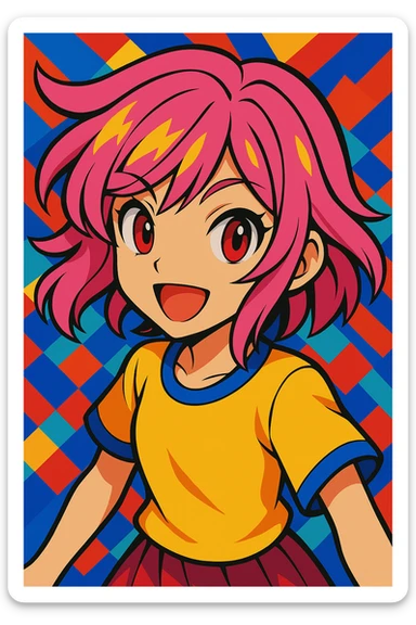 Try a new hairstyle, keep pink hair and red eyes, vibrant anime style. sticker