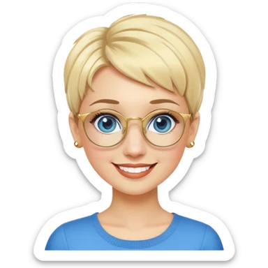 blonde teacher with pixie haircut, gold glasses, blue eyes, big eyelashes, nice smile sticker