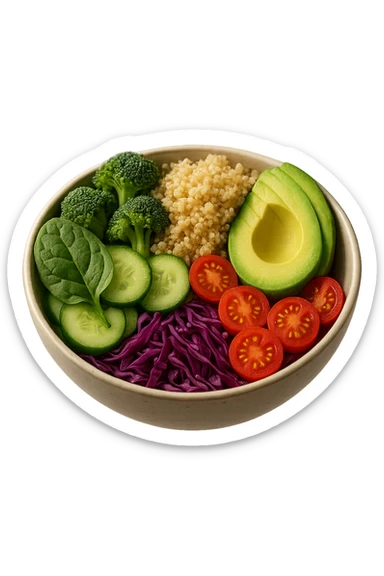 bowl di cibo sano fluttua in aria, iperrealistico 4k sticker