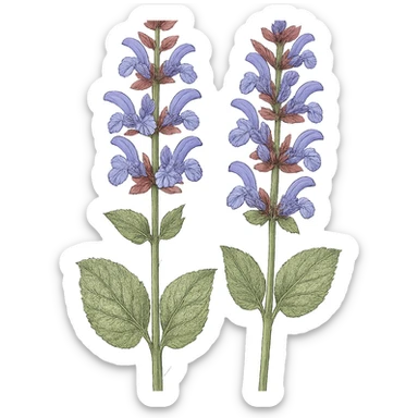 pair of clary sage stems, blueish purple flowers, no container, botanical illustration, isolated sticker