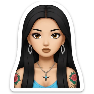 baddie with Asian and Latina features, long straight black hair, makeup, small tatto sticker