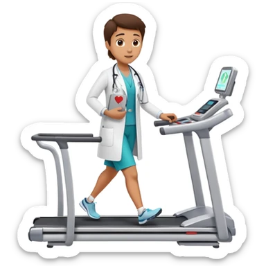 patient on a treadmill, doctor with clipboard supervising, heart monitor in background sticker