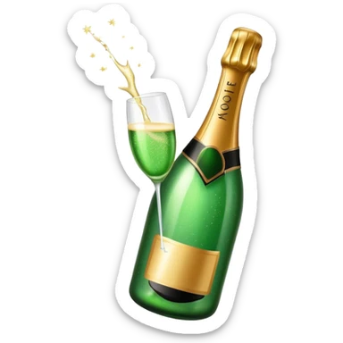 A bottle of champagne that is green with sparkles sticker