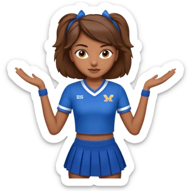 Brown hair, brown eyes, brown skin cheerleader in blue uniform skirt TMS on the shirt sticker