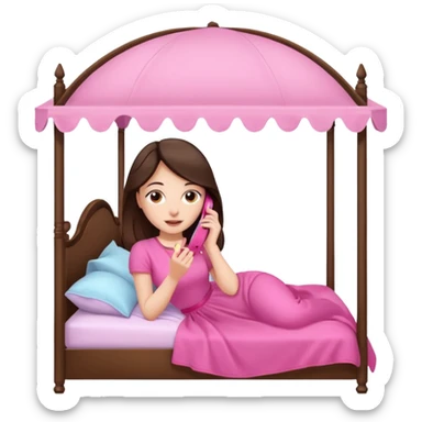 brunette woman on a canopy bed, talking on a pink phone sticker