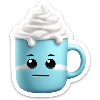 Light blue mug of hot chocolate with marshmallows and whip cream sticker