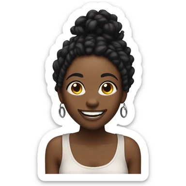 Black woman with short dreads some tattoos and a big smile sticker