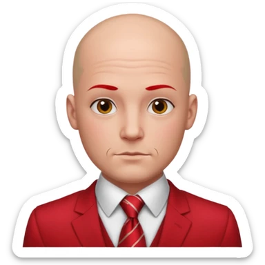 man Bald with red necktie, red dress, tattoos on face, square face. sticker