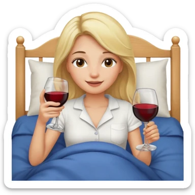 Blondt hår, trøtt i senga, jente, veldig blid, vinglass sticker