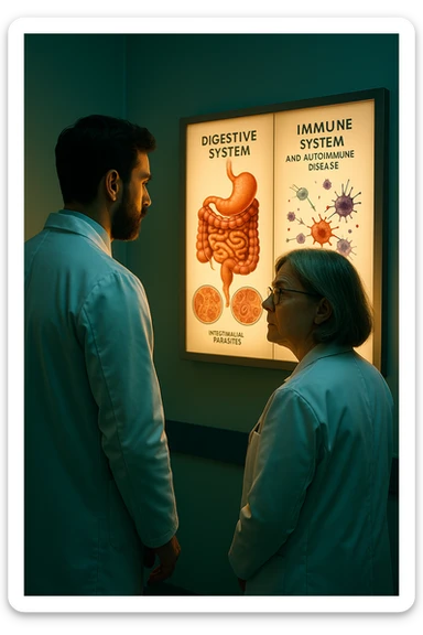 Realistic, detailed photo taken from behind of two doctors—a bearded man and a middle-aged woman—standing side by side in a modern medical office, intently studying a large, illuminated medical chart on the wall. The chart displays a detailed diagram of the human digestive system, highlighting the intestines and showing microscopic images of intestinal parasites. Next to it, another chart illustrates the immune system attacking healthy tissues, visually connecting gut parasites to autoimmune disease mechanisms. The room is bathed in a single green-blue color, with a warm, yellow-orange light casting soft shadows around the doctors. Both wear white coats and have serious, focused expressions, suggesting a deep discussion about the root causes of autoimmune conditions. Shot with a Canon EOS R5, with high detail, natural depth of field, and a clinical yet dramatic atmosphere. sticker