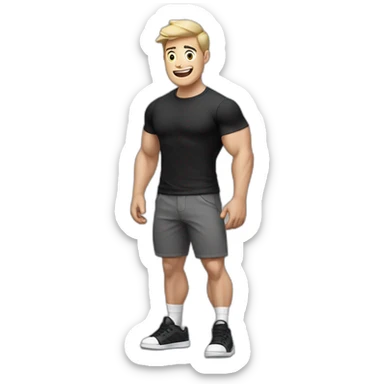 amazed Open with surprise mouth Pale skinned Fit Man With the biceps and dark brown hair in black shirt, gray sports shorts and white Sneakers sticker