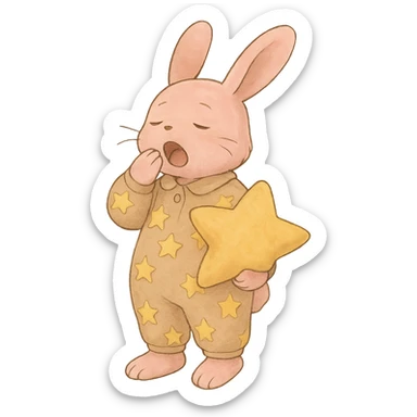 full-body pastel pink bunny in star-pattern pajamas, holding a star-shaped pillow, yawning with sleepy eyes, standing pose, soft kawaii ghibli illustration sticker