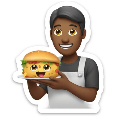 happy person with a smartphone showing food sticker