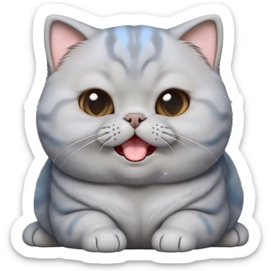 Cinematic Cute Chubby Grey Scottish Fold Cat Portrait Emoji, Head tilted playfully and yawning, round and plump body with sleek soft grey fur and subtle blue undertones, adorable folded ears, Simplified yet adorable features, highly detailed, glowing with a warm, friendly glow, high shine, curious yet calm, stylized with a touch of whimsy, bright and endearing, soft glowing outline, capturing the essence of a mischievous yet loving and lazy kitty with those signature folded ears, so cute it feels like it could stretch out of the screen and cuddle! sticker