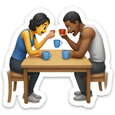 "An emoji of a family—mother, father, and child—sitting around a table playing a cup game, with the cups arranged in front of them as they enjoy the game together sticker