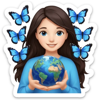 Successful CEO (brunette girl, another emoji, in the middle), holding the Earth 🌍 in her hands smiling warmly, blue monarch butterflies fly around her. sticker