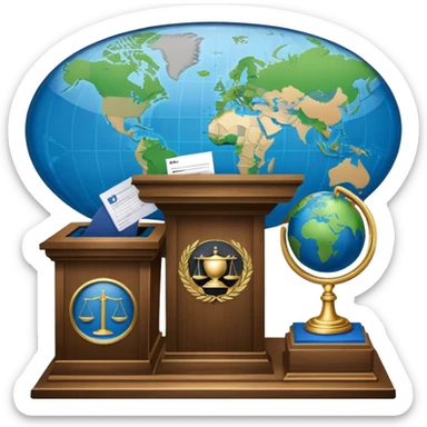 An icon featuring a podium with a speaker, a ballot box with a voting slip, and a globe, symbolizing political science. The design includes scales of justice and a world map in the background, representing governance and global politics. Transparent background highlights political analysis. sticker