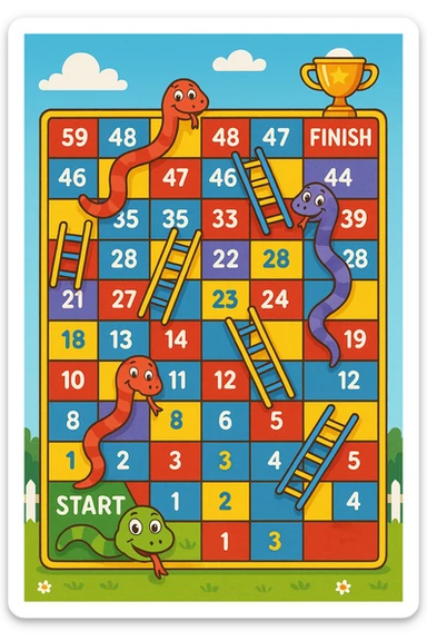 Create a colorful rectangular board game path in the classic "Snakes and Ladders" style. The path consists of 50 numbered squares arranged in a winding pattern across 4–5 horizontal rows. The path starts in the bottom-left corner with a cheerful cartoon snake's face and the word "START", and ends in the top-right corner with a trophy icon and the word "FINISH". Include several snakes that slide the player down (curvy red or purple snakes with playful expressions) and ladders that move the player up (brightly colored ladders with blue or yellow rungs). Some squares are colored differently (e.g. red, blue, yellow) to indicate special actions. The background is bright and fun, with a blue sky, white clouds, green grass, and a picket fence with flowers. Style: digital cartoon illustration with bold lines, vibrant colors, and a joyful, child-friendly atmosphere. The entire board should be playful, engaging, and suitable for kids aged 5–10. sticker