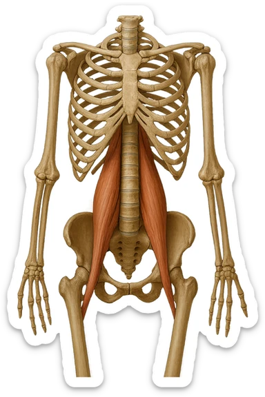 fai un immagine identica che riguarda IL MUSCOLO PSOAS i in evidenza (anatomicO) con colori naturali di un corpo umano. falla iperrealistica anatomica in 4k sticker