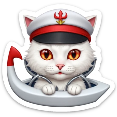 a devlish looking kitty cat at the helm of a catamaran driving it sticker