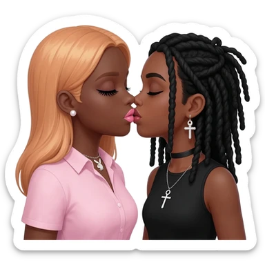 (Bimbo, pearl earrings stud, Light pink cute lips, long middle part with long light ginger hair, dark brown skin, playboy necklace with lashes, light pink shirt, kissing the goth black girl with brown skin, cross earrings, ankh necklace with black dreadlocks with white paint on face sticker