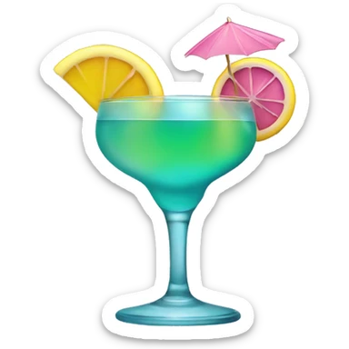 Bluish green cocktail with pink and yellow sticker