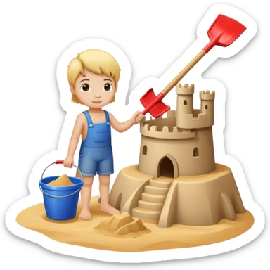 child with a bucket and shovel next to a sandcastle sticker